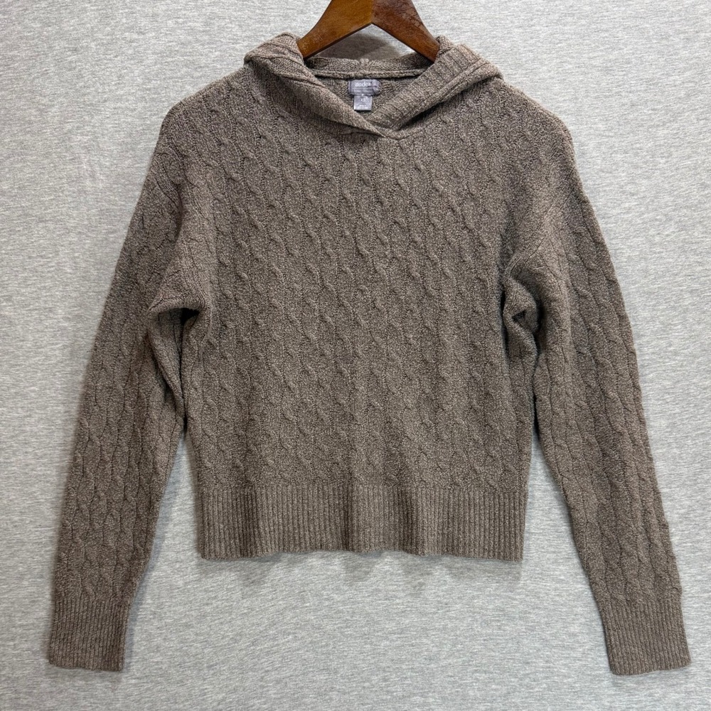 Auden Cable Knit Hoodie Womens XS Brown Luxury Collection Pullover Sweater Cozy